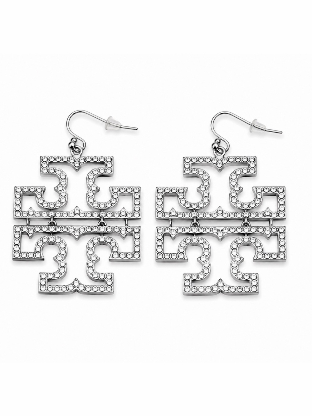 TORY BURCH • Silver Britten Crystal Logo Drop Earrings